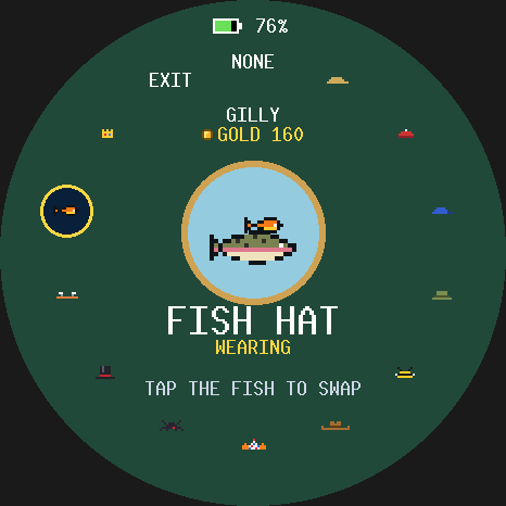 Gilly the trout wearing the fish hat in the hat shop